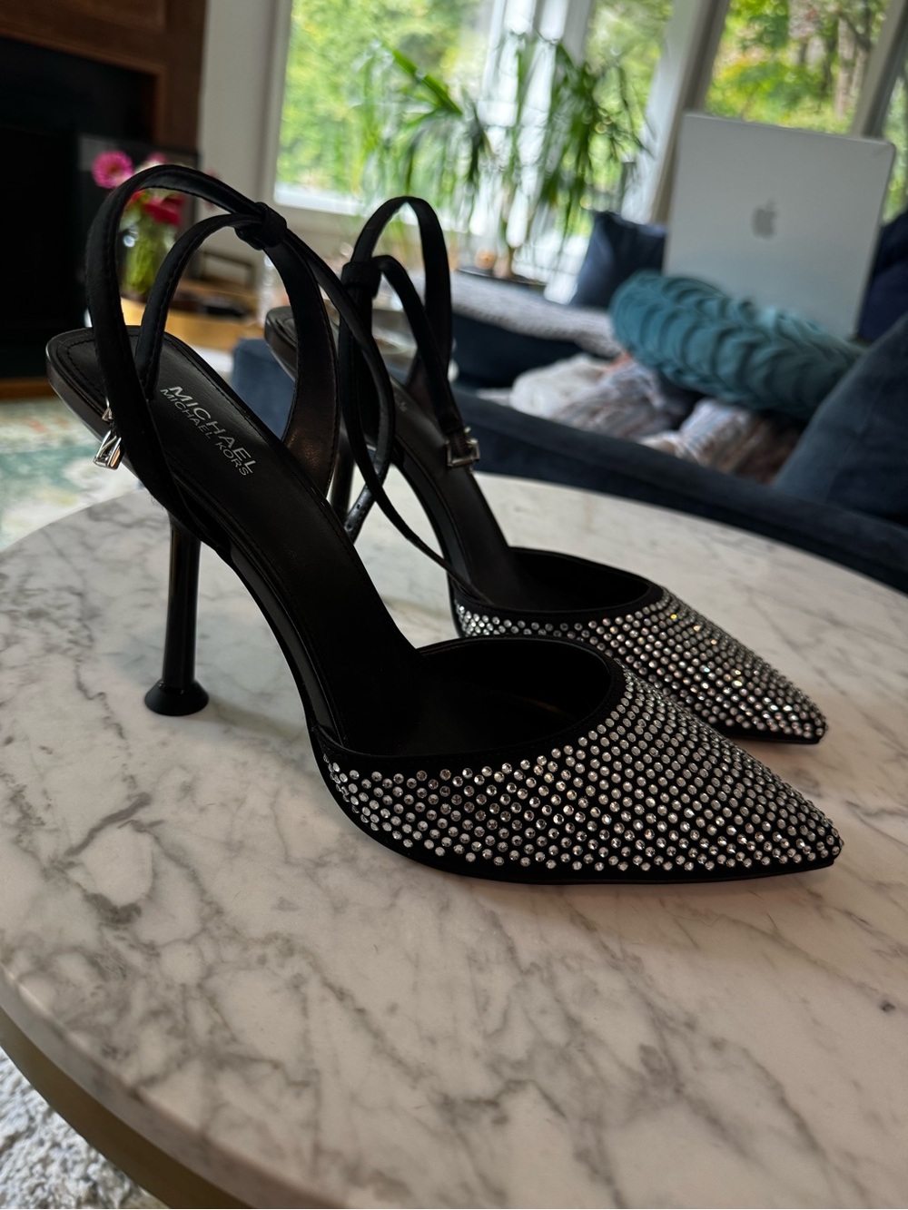 Michael Kors Black Crystal-Embellished Pointed Slingback Heels